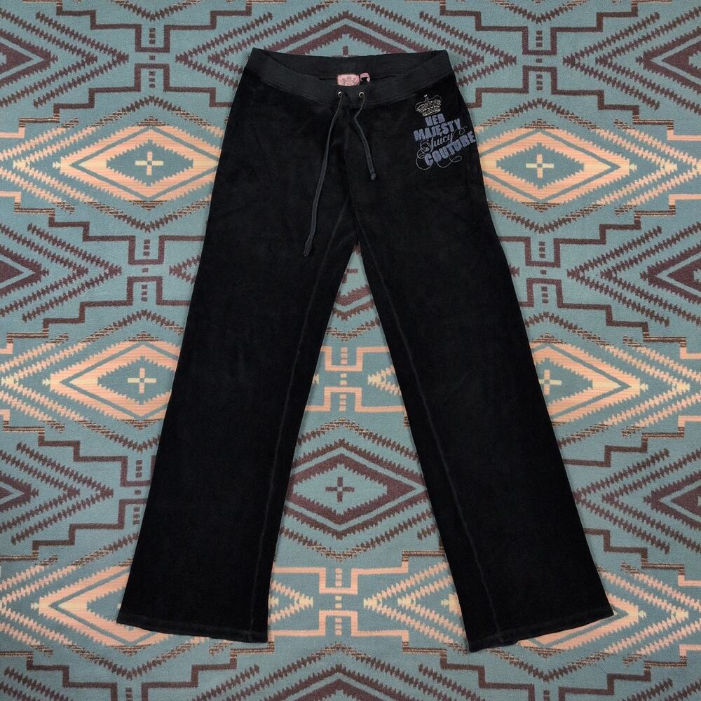 Y2K Juicy Couture Black Velour Wide Leg Her Majesty Track Pants Small Vintage